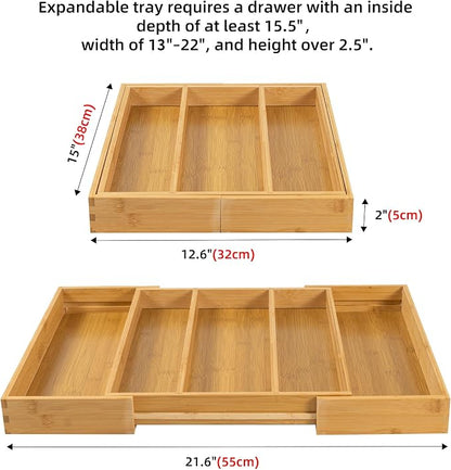 Utoplike Drawer Organizer Kitchen Utensils, Expandable Bamboo Cutlery Tray | Extendable Silverware Holder for Drawer, Flatware Caddy for Organized Kitchen, Apartment and RV, 3-5 Slots