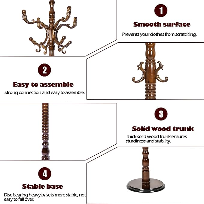 Coat Racks Free Standing with 14 Hooks, Natural Wood Coat Stands for Entryway, Adjustable Height 73 in Tree Coat Rack Stand for Hallway Home Office Bedroom (Antique)