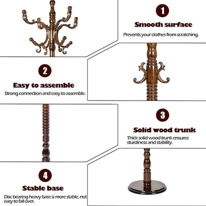 Coat Racks Free Standing with 14 Hooks, Natural Wood Coat Stands for Entryway, Adjustable Height 73 in Tree Coat Rack Stand for Hallway Home Office Bedroom (Antique)