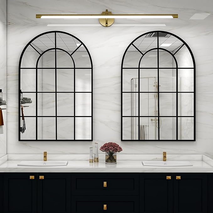 24"×36" Windowpane Arched Wall Mirror, Grid-Designed Decorative Farmehouse Wall Mounted Mirror with Metal Frame Hanging Leaning for Entryway, Living Room, Home Decor, Black