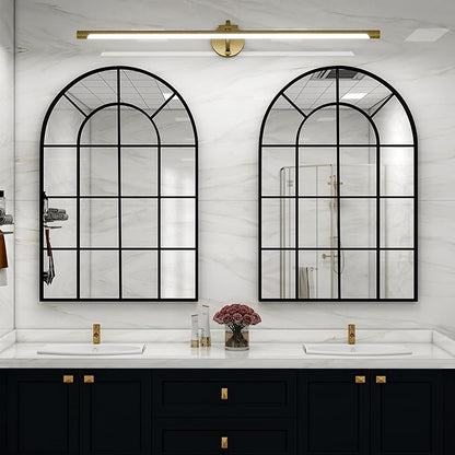 24"×36" Windowpane Arched Wall Mirror, Grid-Designed Decorative Farmehouse Wall Mounted Mirror with Metal Frame Hanging Leaning for Entryway, Living Room, Home Decor, Black