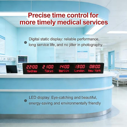 LED World Clock 5 Time Zones - WiFi Auto-Sync Digital Wall Clock with 3-Level Brightness, Ultra-Clear Wide Viewing Angle, All-Aluminum Housing for Multinational Enterprises, Hotels & Offices
