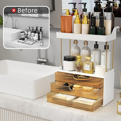 StorBin 2 Sets 6 Drawers Makeup Organizer – 5 Tier Bathroom Organizers and Storage, Versatile Perfume Vanity Organizer, Ideal for Cosmetic, Large Skincare, Face Mask, Office Supplies, Amber