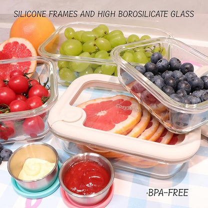 Glass Food Storage Containers with Silicone Glass Lids, Stainless Steel Salad Dressing Containers, LeakProof Food Containers Set, 4-pack 12-21-35-50 oz（White）