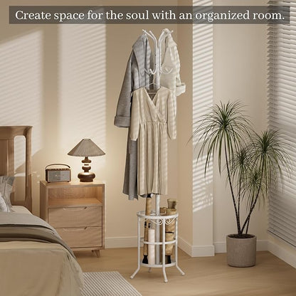 Coat Rack Freestanding with Umbrella Holder – Metal Hanger Stand, Hall Tree with 12 Hooks, Entryway Organizer for Hats, Bags, and Clothes (White)