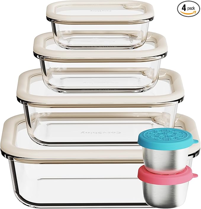 Glass Food Storage Containers with Silicone Glass Lids, Stainless Steel Salad Dressing Containers, LeakProof Food Containers Set, 4-pack 12-21-35-50 oz（White）