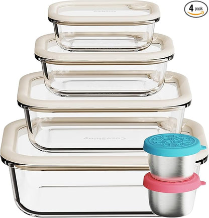 Glass Food Storage Containers with Silicone Glass Lids, Stainless Steel Salad Dressing Containers, LeakProof Food Containers Set, 4-pack 12-21-35-50 oz（White）