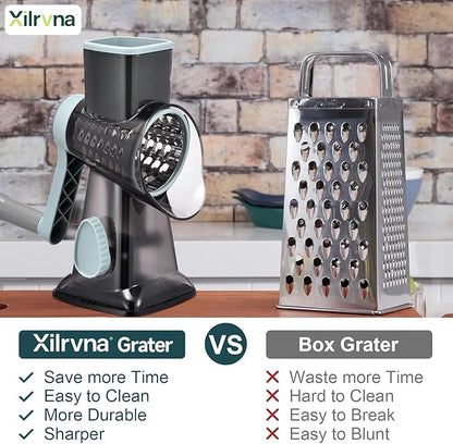 Rotary Cheese Grater with Handle Kitchen Shredder Slicer Grater Slicer Ice Shaver Cheese Vegetable Nuts Potato Zucchini Chocolate 3 Interchangeable Blades (GreyBlue