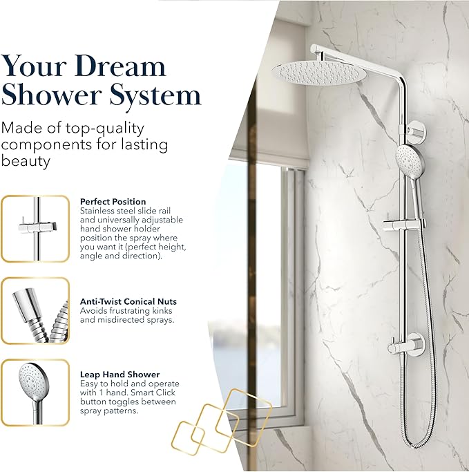 BATH ROYALE Rain Shower Head & Detachable Handheld Spray Combo, Easy Install & 3 Spray Modes, Chrome