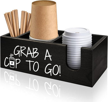 Coffee Station Organizer for Cup and lid Storage Box, Farmhouse Wood Coffee Bar Accessories Disposable Cup Holder for Counter Decor - Black