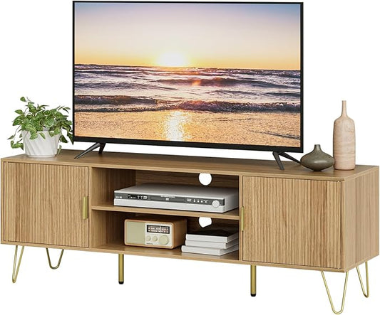 TV Stand for 55-65 Inch TV, Entertainment Center with Soft Hinge Door,TV Console Table with 2 Cabinets with Gold Handle and Feet,for Living Room, Bedroom, Oak