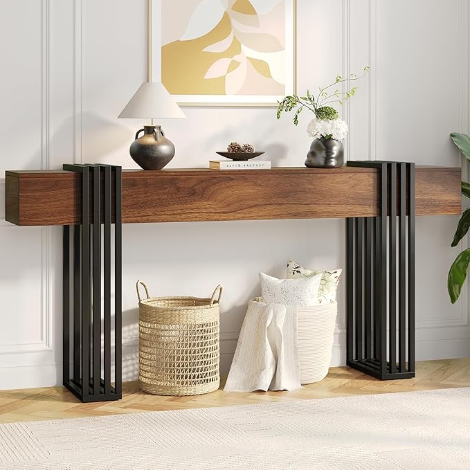 71 Inch Long Console Table, Extra Thick Industrial Sofa Table Behind The Couch Rectangular Entryway Table for Entrance Hallway Living Room, Entire top Board & 4-Pipe Legs, Rustic Brown