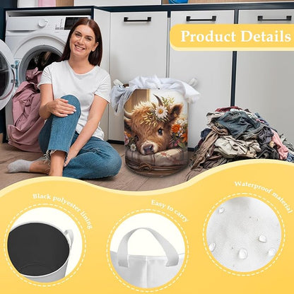 Highland Cow Laundry Basket, Farmhouse Floral Western Cow Waterproof Collapsible Laundry Hamper Dirty Clothes Storage Toy Bin Organizer for Nursery Girls Kids Room Bathroom Bedroom