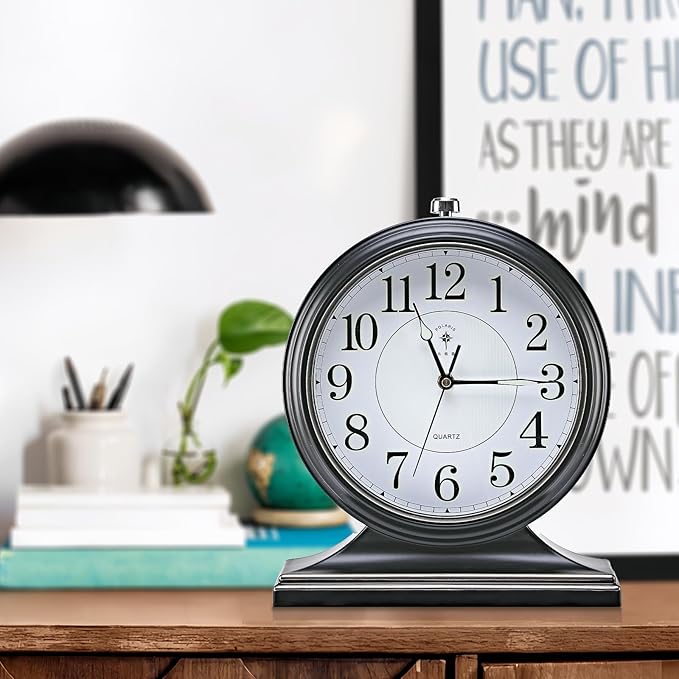 Retro Mantel Décor Desk Clock, 10-inch Vintage Table Clocks for Fireplace, Easy to Read Clocks for Living Room, Bedroom, Office, Desktop Decoration (Black)