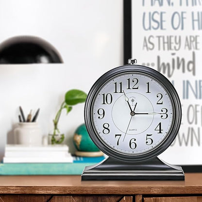 Retro Mantel Décor Desk Clock, 10-inch Vintage Table Clocks for Fireplace, Easy to Read Clocks for Living Room, Bedroom, Office, Desktop Decoration (Black)