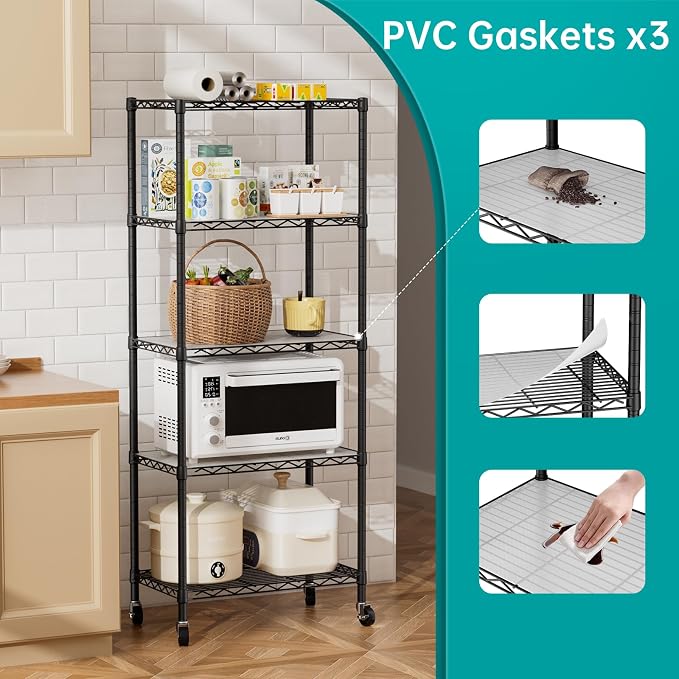 SINGAYE 5 Shelf Storage Wire Shelves Closet Bathroom Organizers Metal Pantry Kitchen Garage Shelving Unit Laundry Room Organization Home Narrow Rack Net Basket with Wheels Black