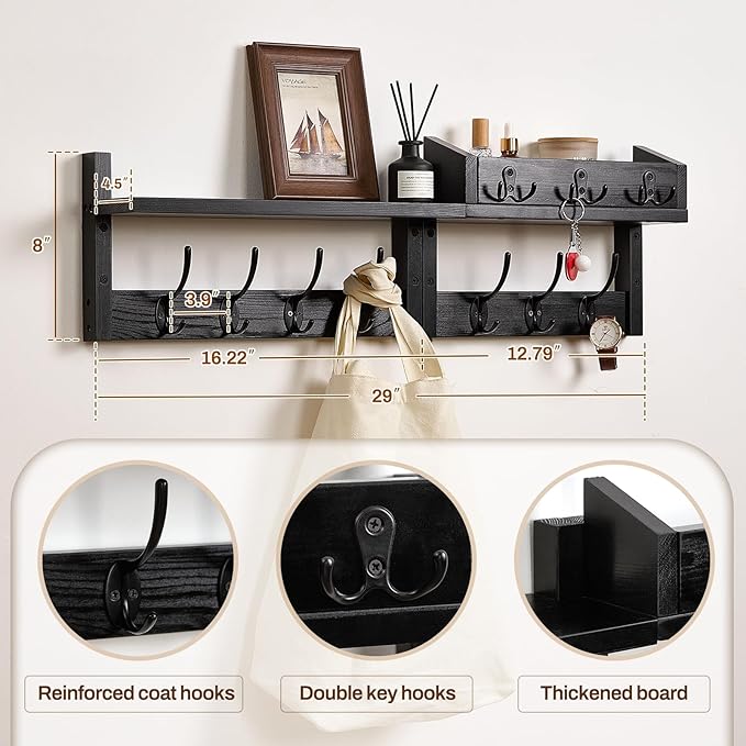 28.9" Wall Hanger Coat Rack Key Holder Wall Mount with Shelf,11Shelf with Coat Hooks Wall Mount, Coat Hangers for Bathroom, Living Room, Bedroom (Black)