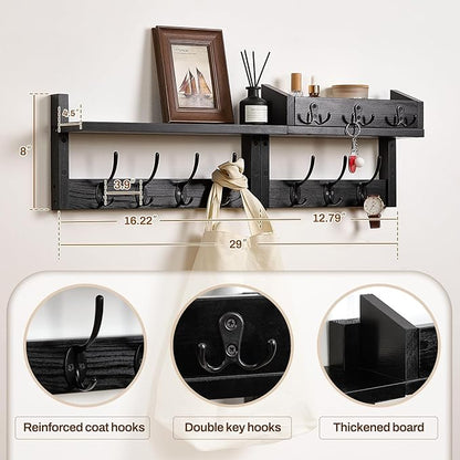 28.9" Wall Hanger Coat Rack Key Holder Wall Mount with Shelf,11Shelf with Coat Hooks Wall Mount, Coat Hangers for Bathroom, Living Room, Bedroom (Black)
