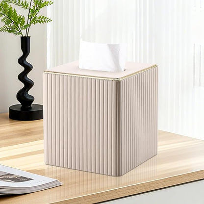 KINGFOM Square Tissue Box Cover, PU Leather Tissue Box Holder for Kleenexs with Magnetic Bottom Cover for Facial Tissues/Napkins, Office & Living Room Decor Box Beige