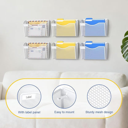 Samstar 6 Pack Mesh Wall Mounted File Holder Metal Wall File Pocket Mail Organizer for Office/Home(with Label Panel), White