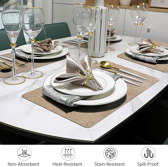 SolaraDawn Faux Leather Table Placemats Set of 6, Washable, Wipeable & Heat-Resistant Table Mats, Waterproof Dining Place Mats with Embossed Texture for Kitchen & Dining, Beige, 17" × 12"