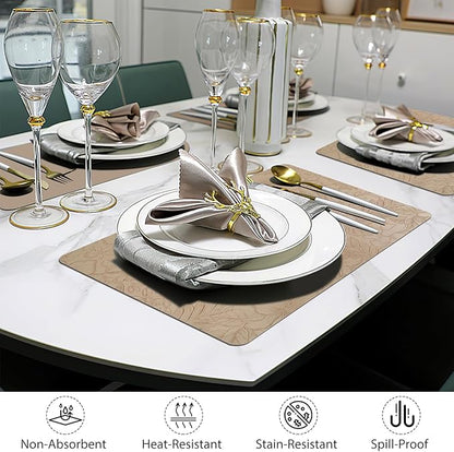 SolaraDawn Faux Leather Table Placemats Set of 6, Washable, Wipeable & Heat-Resistant Table Mats, Waterproof Dining Place Mats with Embossed Texture for Kitchen & Dining, Beige, 17" × 12"