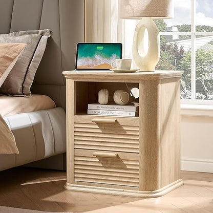 22" Fluted Night Stand with Charging Station Set of 2,Modern End Table with 2 Drawers & Open Storage,Stylish Bedside Table for Living Room,Bedroom,Side Tables Curved Profile Design