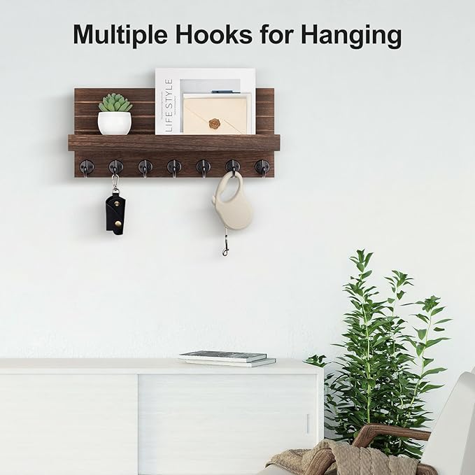 Key Holder Wall Mount, Entryway Key and Mail Holder with 7 Sturdy Hooks for Sunglasses, Dog Leash, Decorative Wall Shelf with Mounting Hardware, 15”W x 6.7”H x 4.2”D (Brown)