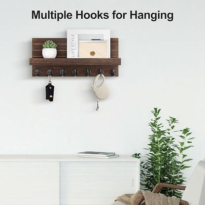 Key Holder Wall Mount, Entryway Key and Mail Holder with 7 Sturdy Hooks for Sunglasses, Dog Leash, Decorative Wall Shelf with Mounting Hardware, 15”W x 6.7”H x 4.2”D (Brown)