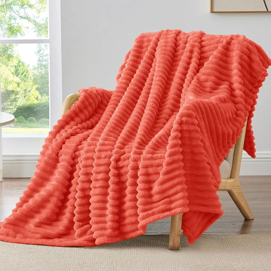 BEDELITE Twin Blanket for Couch & Bed, 300GSM Soft & Warm Fleece Blanket, Decorative and Giftable Striped Coral Red Blankets for Women, Men, 60"x80"