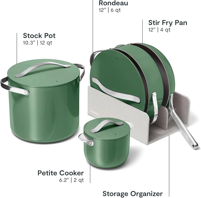 Caraway 24-Piece Nonstick Ceramic Cookware Set - Includes Fry Pans, Sauce, Sauté Pan, Dutch Oven, Petite Cooker, Stir Fry, Rondeau, Stock Pot, Lids & Storage Organizers - Sage