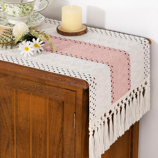 Socomi Boho Table Runner Valentine's Day Farmhouse Rustic Dining Kitchen Centerpiece Decor Small Macrame Woven Cotton Linen Coffee Table Runner for Dresser Scarf Home Decor 12x48 inPink Ivory