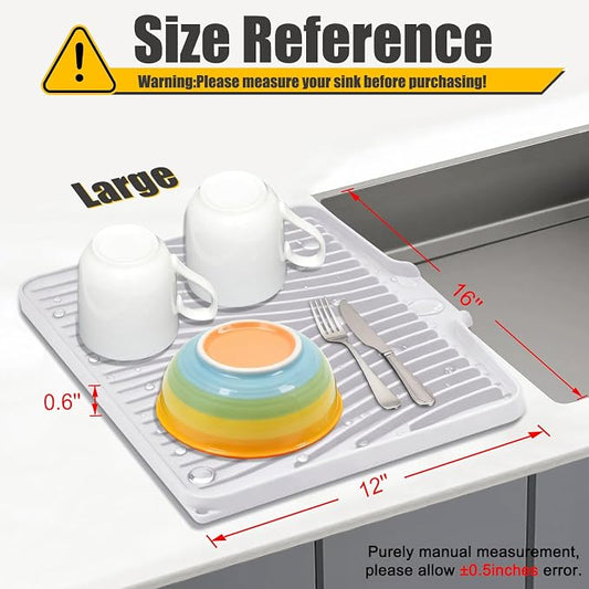 TIKNIK Silicone Dish Drying Mat for Kitchen Counter - Heat Resistant & Non-Slip Dish Drain Pad with Built-In Drain, Dishwasher Safe, Quick-Dry, Hangable & Roll-Up for Storage, White-1pcs, 16" x 12"