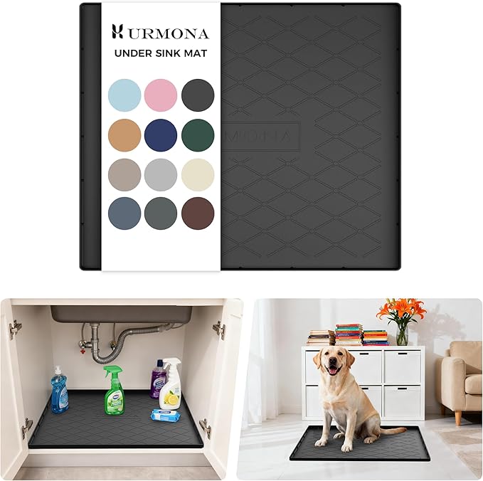 URMONA Under Sink Mat for Kitchen Waterproof, 25" x 19" Silicone Under Sink Mat for Shelf Liner Organizer, Cabinet Sink Protector Under Sink Liner for Bottom Kitchen, Bathroom(Black)