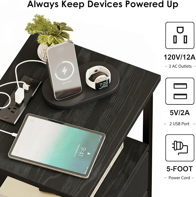 Fixwal Black Night Stand with Charger Station, Nightstand with Charging Station & Fabric Drawers
