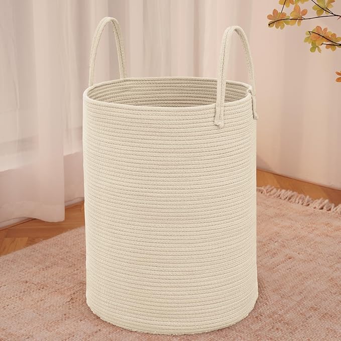 JMvicyroam Large Woven Laundry Basket Hamper,80L Cotton Rope Storage Bin for Blankets,Toys and Clothes,Decorative Tall Nursery Hamper for Living Room,Baby Nursery,Bathroom and Bedroom,Beige