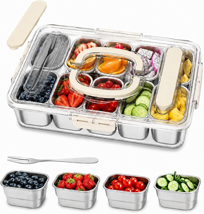 Ankou Snackle Box Container, Stainless Steel Divided Serving Tray with Lid, Handle and Forks