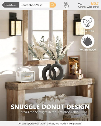 Set of 2 Gray Ceramic Vases for Home Decor Accents - Unique Hollow Donut Artistic Design Minimalism Industrial Scandinavian Style Decorative Vases for Shelf, Mantel, Entryway Table Decor (Matte Gray)
