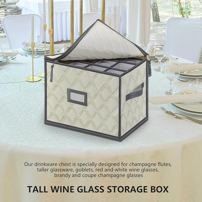 Champagne Flute Storage Box,Quilted Stemware Storage Box Shell, Stackable Champagne Glass Container,Wine Glass, Crystal Glassware, Drinkware Case for Moving Transport