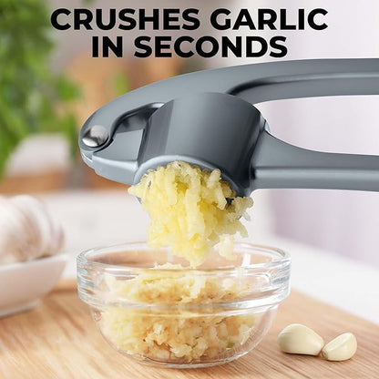 Zulay Kitchen Large Premium Garlic Press Set - Bigger Bowl for Bigger Garlic - Rust Proof Garlic Mincer Tool - Easy-Squeeze, Easy-Clean Silicone Garlic Peeler & Brush (Slate)
