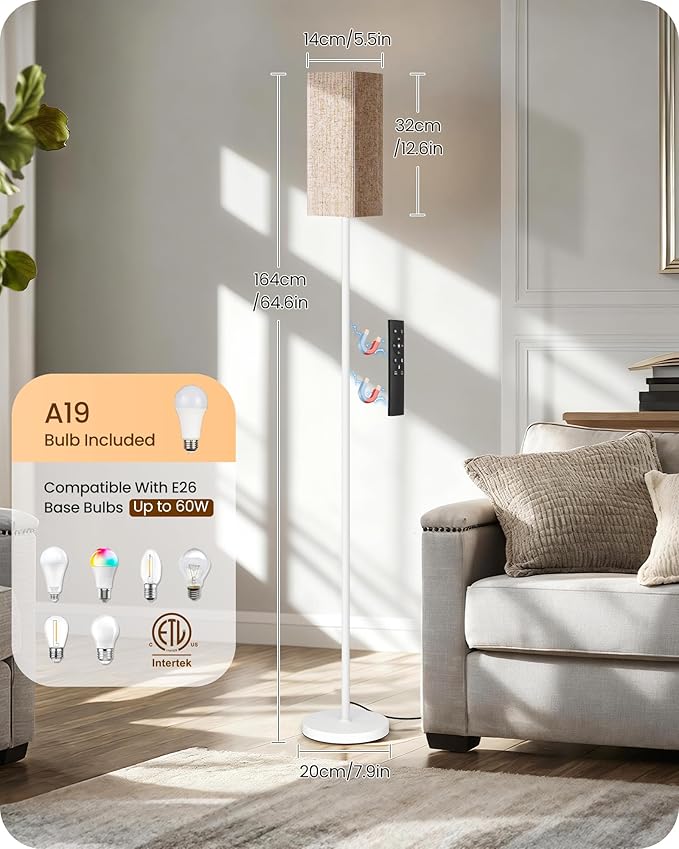 64.2” Dimmable Floor Lamp for Living Room with Remote and Foot Switch, Corner Floor Lamp for Bedroom, Includes 10W A19 Bulb, Modern Standing Tall Lamp, ETL Listed White and Beige WE17LD05