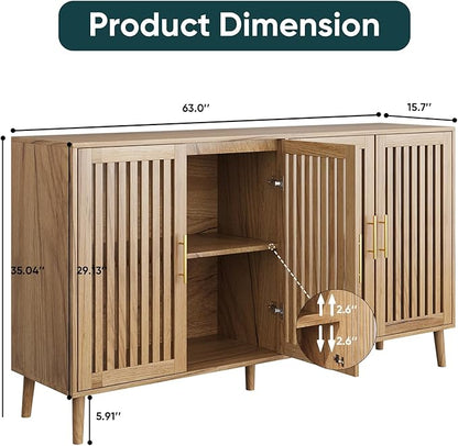 Buffet Cabinet with Storage,Sideboard with Grille Doors&Adjustable Shelf, Wood Coffee Bar Storage Cabinet for Kitchen Living Room Entryway (Natural Wood, 63 Inch)
