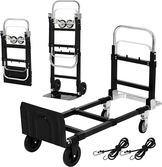 GarveeTech 2 in 1 Convertible Hand Truck Dolly, 660 LBS Load Capacity Folding Cart with Wheels, Elastic Straps, Carbon Steel Collapsible Dolly Cart for Home, Warehouse, Supermarket, Office