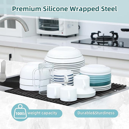 Ohuhu Over The Sink Dish Drainer Drying Rack, 17.6" W x 15.4" L Roll Up Dish Racks Kitchen Sink Organizer Silicone Wrapped Large in Sink Dish Drying Rack Foldable Rolling Drain Mats Anti-Slip