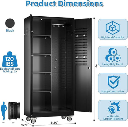 SUXXAN Broom Closet Storage Cabinet with Wheels 71.4"x 31.5"x15.7", Metal Cleaning Cabinets with Hooks and Hanging Rods, Lockable Cabinet with Pegboard, Adjustable Shelf,for Garage, Laundry Room