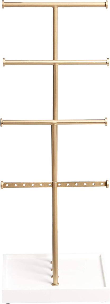 Amazon Basics Four-Tier Jewelry Organizer Tree Stand, Necklace Earring Bracelet Holder with Ring Storage, White/Brass
