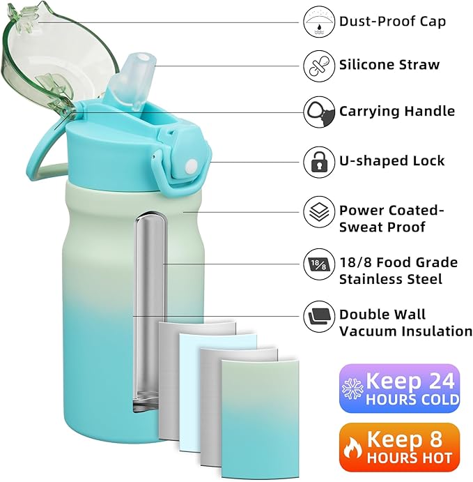 BJPKPK Water Bottle with Straw 14oz Insulated Water Bottles Reusable Stainless Steel Metal Thermal Flask with Leak Proof Lockable Lid and Carry Handle,Mint