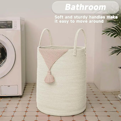 JMvicyroam Large Woven Laundry Basket Hamper,100L Cotton Rope Storage Bin for Blankets,Toys and Clothes,Decorative Tall Nursery Hamper for Living Room,Baby Nursery,Bathroom and Bedroom,White