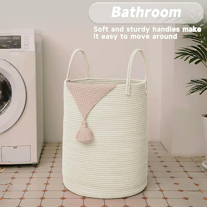 JMvicyroam Large Woven Laundry Basket Hamper,80L Cotton Rope Storage Bin for Blankets,Toys and Clothes,Decorative Tall Nursery Hamper for Living Room,Baby Nursery,Bathroom and Bedroom,White