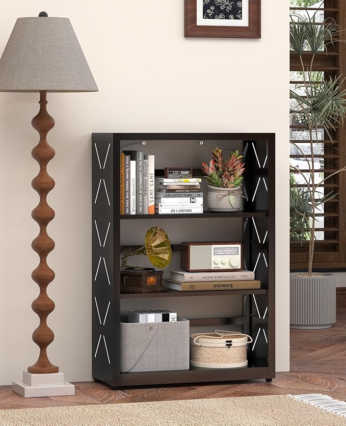 METALOONG Metal Book Shelf, 3-Tier Adjustable Bookcase with Anti-Tip Kit & Leveling Feet, Heavy-Duty Metal Storage Organizer, Modern Corner Shelves for Bedroom, Garage, Home Office